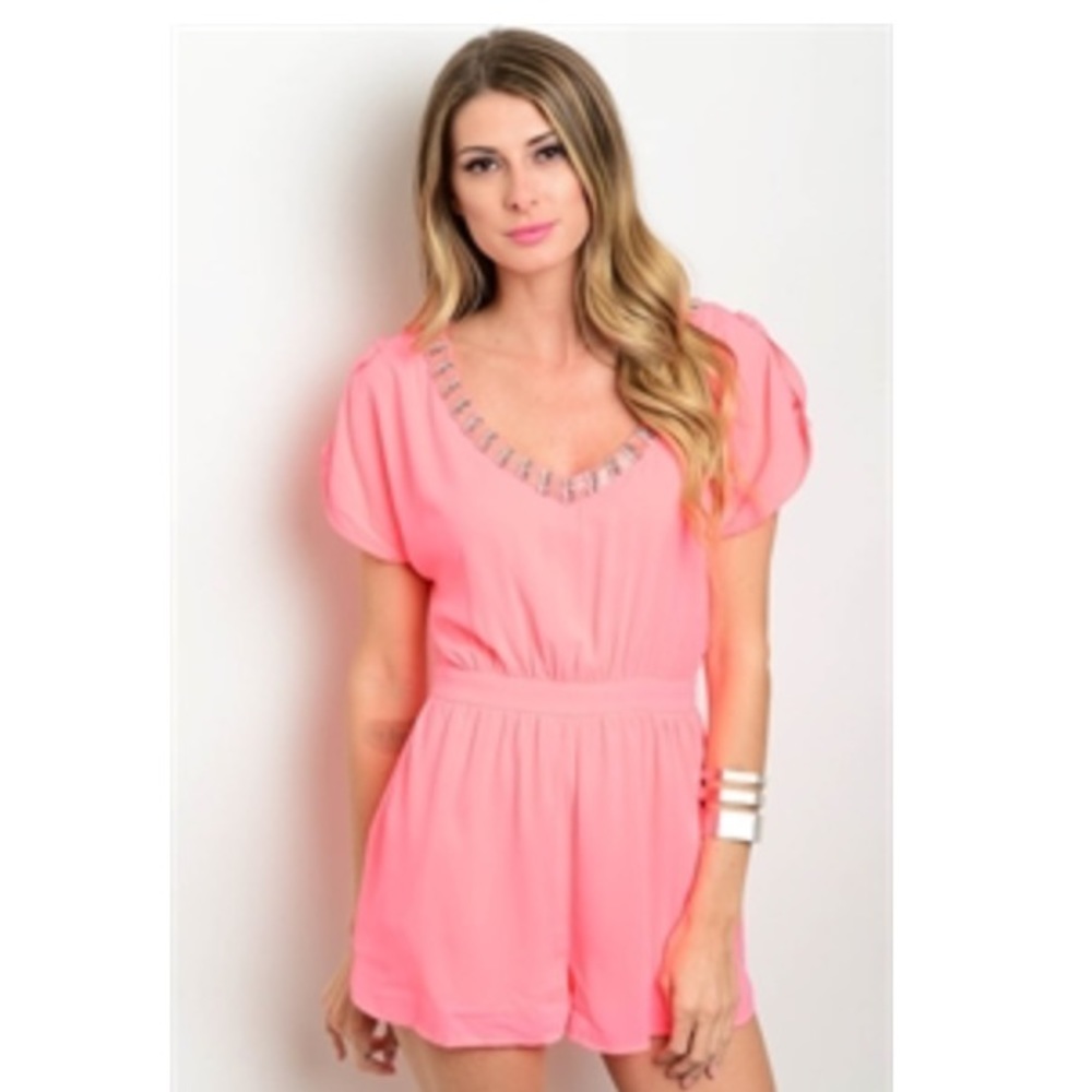 Pink V-neck Jewel Embellished Romper